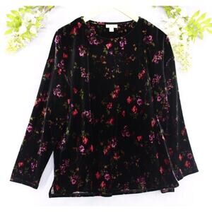 J. Jill Women's Romantic Floral Velvet Long Sleeve Black Red Top Blouse Sz M